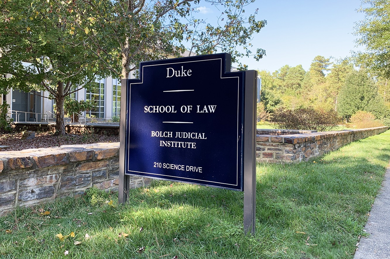 Image of sign in front of Duke Law School with "Bolch Judicial Institute" on front
