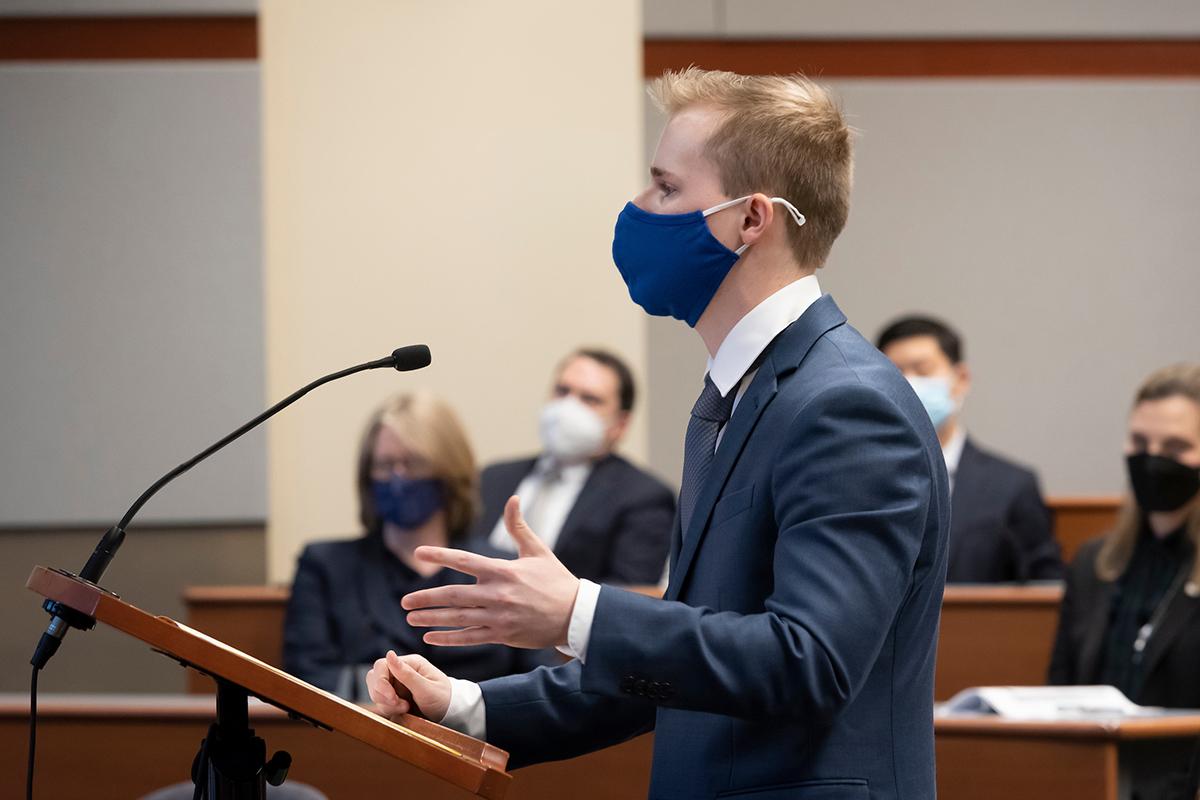 Duke Law Student Eric Tucker arguing during the 2022 Deans Cup at Duke Law School