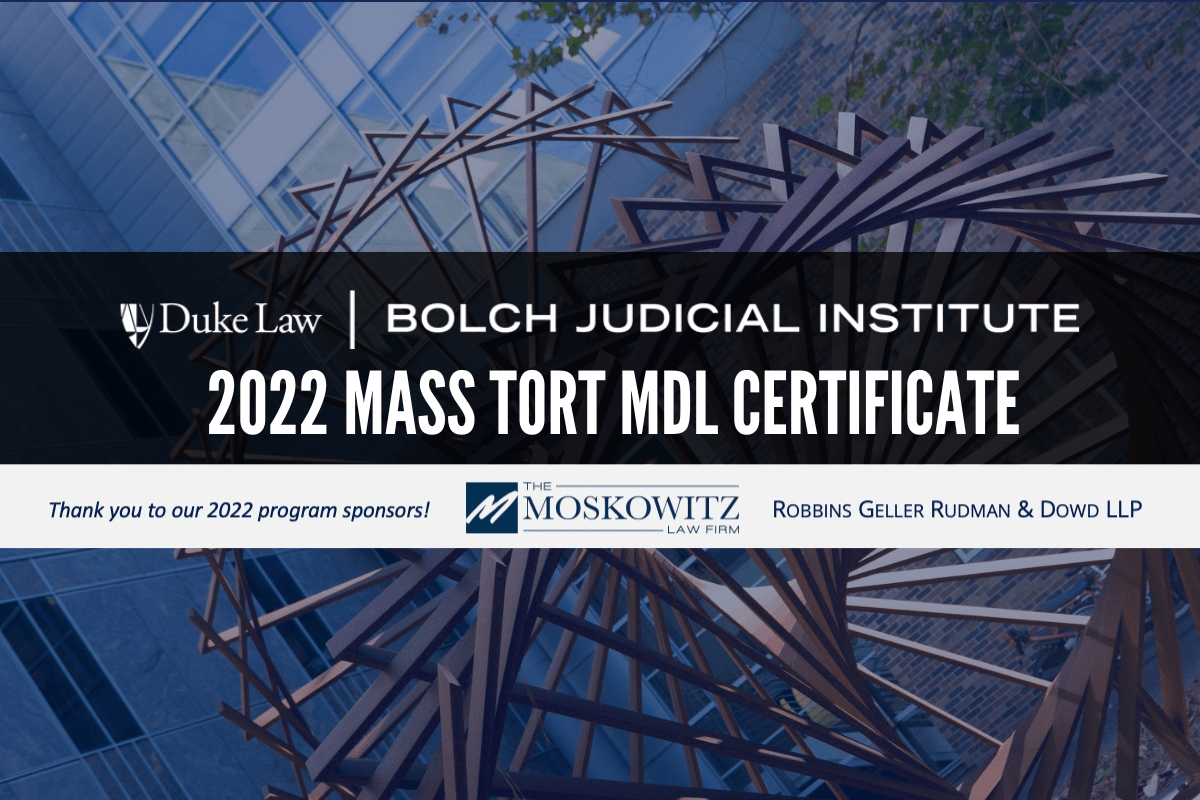 Decorative image for the Mass Tort MDL Certificate 2022 showing a picture of a sculpture at Duke Law School.