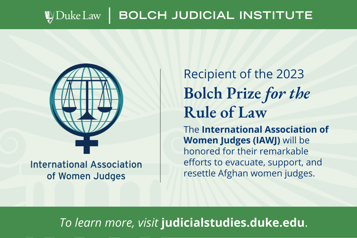 Banner with green and white sunburst with the IAWJ logo and the text "Recipient of the 2023 Bolch Prize for the Rule of Law."